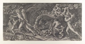Lo Stregozzo: en kvindelig heks, der rider på et dyreskelet, efterfulgt af to mænd og ..., ca. 1515-25.