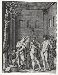 Orestes og Pylades bragt til Iphigenia for at ofre af Agostino Veneziano