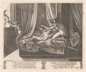 Plade 13: Psyche ser på Amor, fra historien om Amor og Psyche som fortalt af Apulei..., 1530-60. af Agostino Veneziano