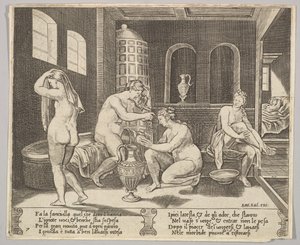 Tavle 7: Psyche tilses i sit bad af nymfer, i baggrunden til højre Psyche repr..., ca. 1520-36.