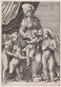 Jomfruen, spædbarnet Kristus, spædbarnet Sankt Johannes og to engle, dateret 1516. af Agostino Veneziano