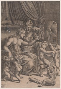 Venus og Vulcan omgivet af amoriner, dateret 1530. af Agostino Veneziano