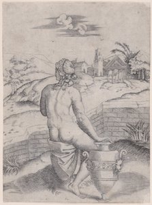 Kvinde, der sidder nær en vase, ca. 1514-36. af Agostino Veneziano