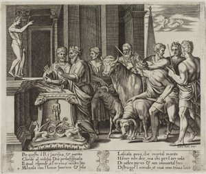 Psyches far konsulterer oraklet af Agostino dei Musi