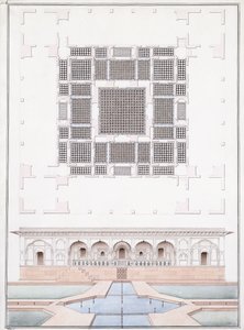 Højde af sydfronten og havepaladset i Suraj Bhawan ved Dig, ca. 1830 (blyant, pen og gråt blæk og akvarel)