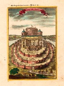 Den legendariske dronning Semiramis fæstning og hængende haver i Babylon - Semiramis fæstning - Kobberstik og akvarel af Alain Manesson Mallet (1630-1706)