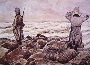 To tyskere på Frankrigs kyst ser mod England på tærsklen til Normandiets felttog af Alban (after) Wolf