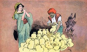 Ali Baba viser guldposerne til sin kone Illustration af Albert Robida til Ali Baba and the Forty Thieves 1945 Private Collection af Albert (after) Robida