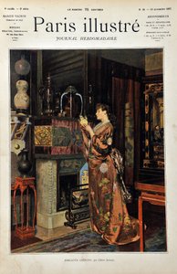Kinesiske nipsgenstande En europæisk kvinde klædt i Orientale observerer sit udvalg af kinesiske genstande. Illustration af Albert Aublet (1851-1938). Indgravering fra 1887 i "" Paris-Illustrous journal weekly"".