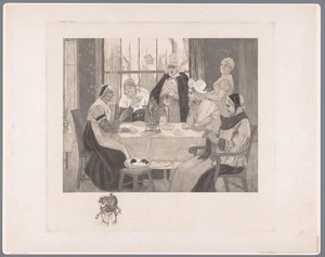 Selskab af kvinder i traditionel kostume ved bordet skandale af Albert Bertrand (attributed to)