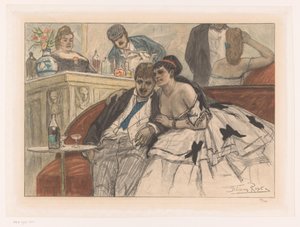 Mand og kvinde sidder på en rød sofa i baren på et teater Le gandin ivre af Albert Bertrand (attributed to)