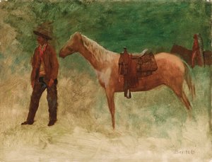 Seisova cowboy hevosen kanssa af Albert Bierstadt