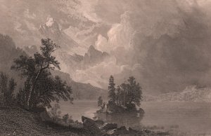 Udsigt over Lake Esther, Sierra Nevada, Californien, USA, stålgravering af Robert Hinshelwood (1812-efter 1875) efter maleri af Albert Bierstadt (1830-1902), ca. 19x14 cm af Albert Bierstadt
