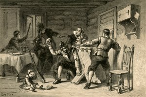 Puritanere barrikaderer deres hus mod indianere, 1877.
