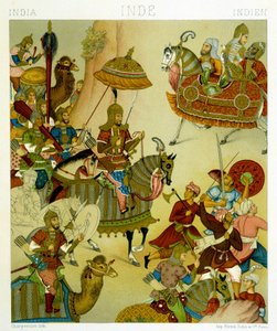 1500-tallets krigsdragter i Indien. Kromolitografisk plade - i "" Le costume historique"" af Racinet af Albert Charles August Racinet
