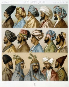 Asiatiske mandlige frisurer - i "" Det historiske kostume"" af Racinet, slutningen af det 19. århundrede