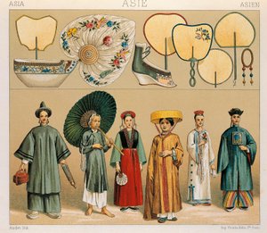 Tøj fra kinesiske kvinder og fra regionen Tartary, Illustration fra Complete Costume History af Auguste Racinet