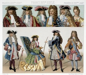 Kostumer og frisurer fra den franske adel i det 18. århundrede. Illustration i "" Le costume historique"" af Racinet