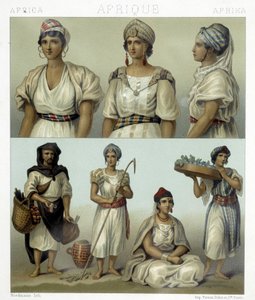 Kostumer og hovedbeklædning af kabylkvinder (øverst). Tunesiske og algeriske kostumer (nederst). Illustration i "" Le costume historique"" af Racinet af Albert Charles August Racinet
