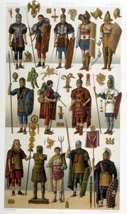 Kostumer, rustninger og våben af romerske soldater, krigere og gladiatorer fra antikken - i "" Den historiske kostume"" af Racinet
