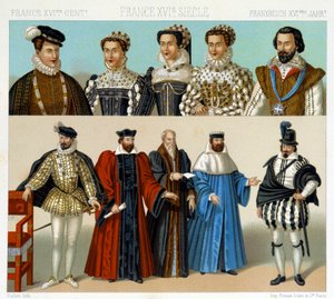 Kostumer af adelige og magistrater i Frankrig i det 17. århundrede. Kromolitografisk plade - i "" Le costume historique"" af Racinet