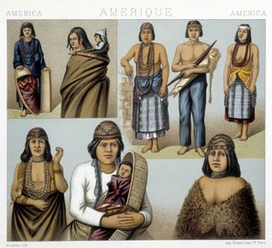 Kostumer af de californiske indianere. Illustration i "Det historiske kostume" af Racinet af Albert Charles August Racinet