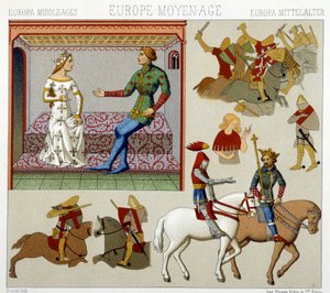 Middelalderens kostumer i Frankrig. Kromolitografisk plade - i "" Le costume historique"" af Racinet af Albert Charles August Racinet