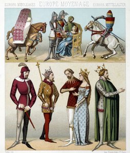 Middelalderens kostumer i Frankrig. Illustration i "Le costume historique"" af Racinet