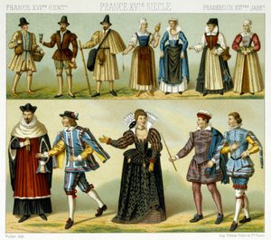 Kostumer af adelen og populære kostumer i Frankrig i det 16. århundrede. Kromolitografisk plade - i "" Le costume historique"" af Racinet