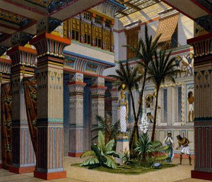 Egypten, interiør af en velhavende persons hjem i det antikke imperium, litografi af Charpentier, fra Le Costume Historique (History of Costumes), bind II, af Auguste Racinet