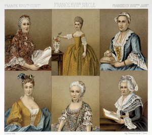 Fransk feminin mode i det 18. århundrede. Illustration i "" Le costume historique"" af Racinet af Albert Charles August Racinet