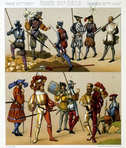 Franske militærdragter i det 16. århundrede. Kromolitografisk plade - i "" Le costume historique"" af Racinet af Albert Charles August Racinet