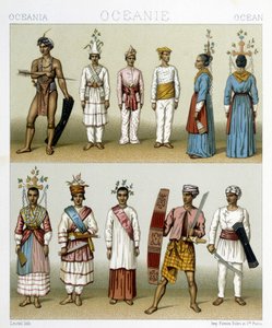 Indbyggere på Celebes-øerne i Indonesien. Illustration i "" Le costume historique"" af Racinet af Albert Charles August Racinet