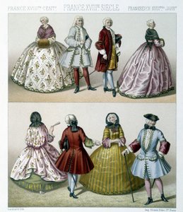 Mænd og kvinder iført moderigtige kostumer fra det 18. århundrede i Frankrig. Illustration i "" Le costume historique"" af Racinet af Albert Charles August Racinet