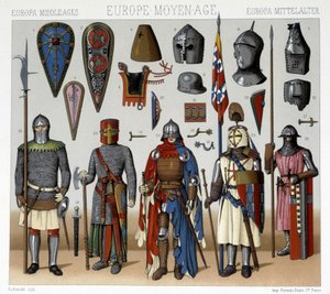 Militære dragter og hjelme i Frankrig fra det 13. til 15. århundrede. Illustration i "" Le costume historique"" af Racinet af Albert Charles August Racinet