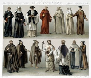 Klosterdragter i Europa fra det 15. til det 18. århundrede. Illustration i "" Le costume historique"" af Racinet