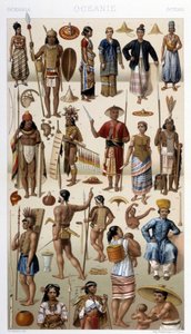 Folk i Malaysia og Polynesien (Oceanien). Illustration i "" Le costume historique"" af Racinet af Albert Charles August Racinet