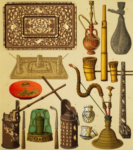 Pibe og genstande brugt af rygere, litografi af Schmidt fra The Complete Costume History, første bind, af Auguste Racinet (1825-1893), Paris af Albert Charles August Racinet