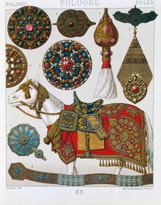 Polske ornamenter, hestehusarer, litografi taget fra Schmidts Costume historique, bind V af Albert Charles August Racinet