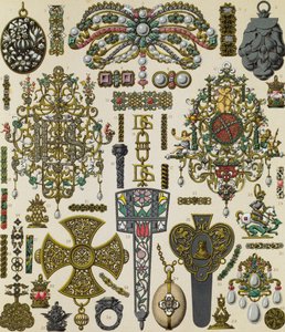 Smykker fra det syttende århundrede, litografi af Schmidt udgivet i Le costume historique, bind V af Albert Charles August Racinet