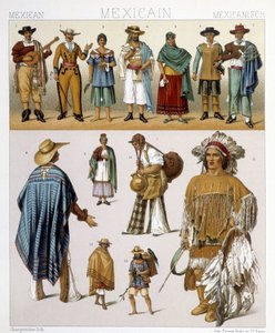 Traditionelle mexicanske kostumer. Illustration i "Det historiske kostume" af Racinet