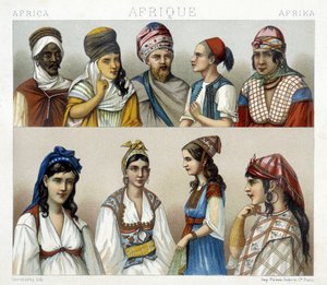 Traditionelle kostumer og hovedbeklædning af mænd og kvinder i Algeriet. Illustration i "" Le costume historique"" af Racinet