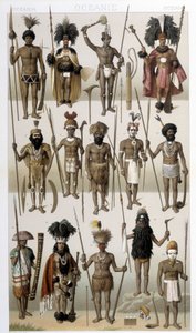 Traditionelle dragter af det oprindelige folk i Oceanien. Illustration i "" Le costume historique"" af Racinet