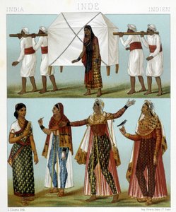 Transport og traditionelle feminine kostumer. Illustration i "" Le costume historique"" af Racinet af Albert Charles August Racinet