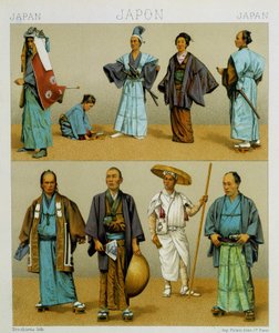 Forskellige traditionelle japanske herrekostumer inklusive kimono. Kromolitografisk plade - i "" Le costume historique"" af Racinet