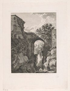 Vandfald nær San Rocco-broen i Tivoli Cascata, og Ponte di St. Rocco a Tivoli (titel på objekt) Maleriske ætsede brochurer fra Italien (serietitel)