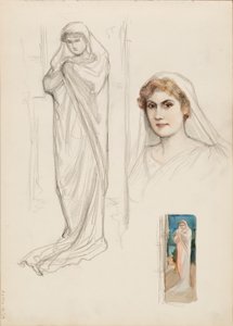 Aino Ackté som Alcestis, skitse af ansigtet og to skitser af hele kroppen af Albert Edelfelt