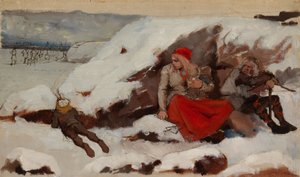 Den nedbrændte landsby, undersøgelse af Albert Edelfelt