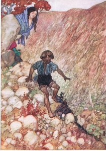 Ned gik han som den modige lille mand, som han var, fra The Water Babies pub. af Humphrey Milford Oxford University Press, ca. 1930 (farve litho) af Albert Edward Jackson