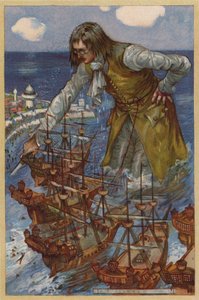 Gulliver fanger Blefuscudians flåde (chromolitho)